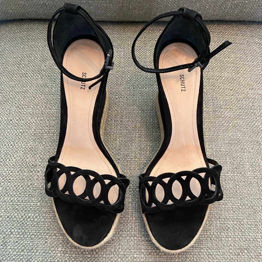 Schutz Women's Keira Espadrille Wedge Sandal ankle strap Black Suede size 8.5